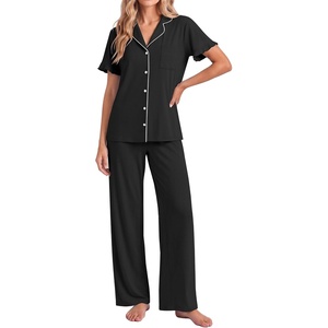 image:imageEkouaer Pajamas for Women Set Button Up Soft Pjs Short Sleeve Lounge Sets  Cute Ruffle SleeveNotch CollarSide PocketsComfy Lightweight FabricIdeal for Daily WearPostpartumPartyBlack