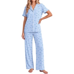 image:imageEkouaer Pajamas for Women Set Button Up Soft Pjs Short Sleeve Lounge Sets  Cute Ruffle SleeveNotch CollarSide PocketsComfy Lightweight FabricIdeal for Daily WearPostpartumPartyBlue Stripes Bow