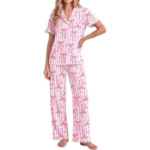image:imageEkouaer Pajamas for Women Set Button Up Soft Pjs Short Sleeve Lounge Sets  Cute Ruffle SleeveNotch CollarSide PocketsComfy Lightweight FabricIdeal for Daily WearPostpartumPartyPink Stripes Bow