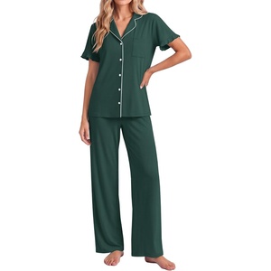 image:imageEkouaer Pajamas for Women Set Button Up Soft Pjs Short Sleeve Lounge Sets  Cute Ruffle SleeveNotch CollarSide PocketsComfy Lightweight FabricIdeal for Daily WearPostpartumPartyDark Green
