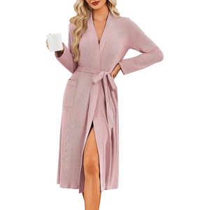 image:imageEkouaer Robe for Women Long Knit Kimono Bathrobe Soft Lightweight Sleepwear  Bath Robe with Pockets Cozy Loungewear 2026 Long Sleeves Inner and Fixed Outer Tie Mid Calf Robe for Sleep Shower TravelPink