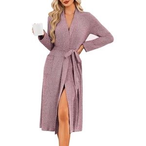 image:imageEkouaer Robe for Women Long Knit Kimono Bathrobe Soft Lightweight Sleepwear  Bath Robe with Pockets Cozy Loungewear 2026 Long Sleeves Inner and Fixed Outer Tie Mid Calf Robe for Sleep Shower TravelDusty Rose