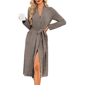 image:imageEkouaer Robe for Women Long Knit Kimono Bathrobe Soft Lightweight Sleepwear  Bath Robe with Pockets Cozy Loungewear 2026 Long Sleeves Inner and Fixed Outer Tie Mid Calf Robe for Sleep Shower TravelCoffee Brown