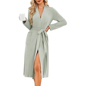 image:imageEkouaer Robe for Women Long Knit Kimono Bathrobe Soft Lightweight Sleepwear  Bath Robe with Pockets Cozy Loungewear 2026 Long Sleeves Inner and Fixed Outer Tie Mid Calf Robe for Sleep Shower TravelLight Green