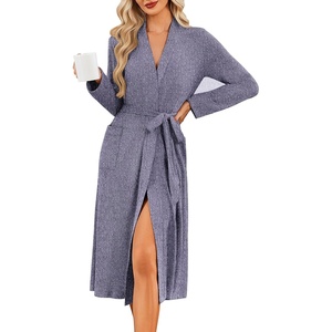 image:imageEkouaer Robe for Women Long Knit Kimono Bathrobe Soft Lightweight Sleepwear  Bath Robe with Pockets Cozy Loungewear 2026 Long Sleeves Inner and Fixed Outer Tie Mid Calf Robe for Sleep Shower TravelNavy