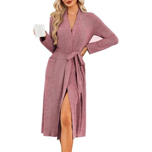 image:imageEkouaer Robe for Women Long Knit Kimono Bathrobe Soft Lightweight Sleepwear  Bath Robe with Pockets Cozy Loungewear 2026 Long Sleeves Inner and Fixed Outer Tie Mid Calf Robe for Sleep Shower TravelWine Red