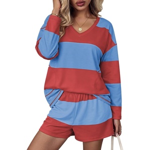 image:imageEkouaer Two Piece Sets for Women Fall Lounge Sets Long Sleeve Shorts Set  Oversized Matching Outfit 2026 Fall Striped Shirts and Shorts Set V Neck Top with Pockets Casual Matching Clothing SetRed Blue Combo