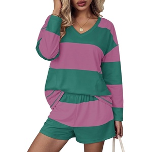 image:imageEkouaer Two Piece Sets for Women Fall Lounge Sets Long Sleeve Shorts Set  Oversized Matching Outfit 2026 Fall Striped Shirts and Shorts Set V Neck Top with Pockets Casual Matching Clothing SetPink Green Combo