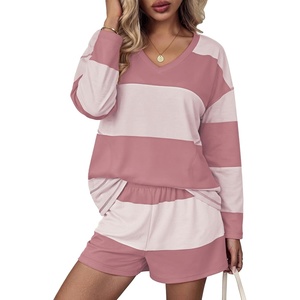 image:imageEkouaer Two Piece Sets for Women Fall Lounge Sets Long Sleeve Shorts Set  Oversized Matching Outfit 2026 Fall Striped Shirts and Shorts Set V Neck Top with Pockets Casual Matching Clothing SetPink Combo