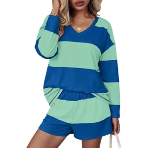 image:imageEkouaer Two Piece Sets for Women Fall Lounge Sets Long Sleeve Shorts Set  Oversized Matching Outfit 2026 Fall Striped Shirts and Shorts Set V Neck Top with Pockets Casual Matching Clothing SetBlue Green Combo