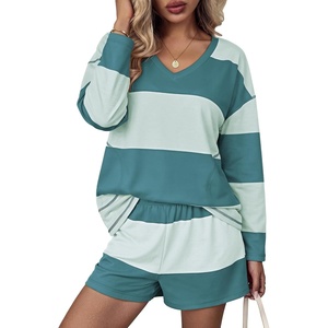 image:imageEkouaer Two Piece Sets for Women Fall Lounge Sets Long Sleeve Shorts Set  Oversized Matching Outfit 2026 Fall Striped Shirts and Shorts Set V Neck Top with Pockets Casual Matching Clothing SetGreen Combo