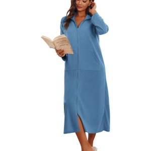 image:imageEkouaer Women Zipper Robe Long Sleeves House Coat Soft Bathrobe Housecoat  Easy ZipUp Bath Robe with Pockets Ultra Soft and Lightweight Fabric CalfLengthGrey Blue