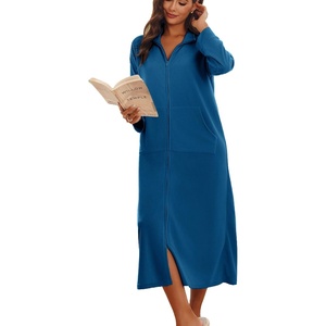 image:imageEkouaer Women Zipper Robe Long Sleeves House Coat Soft Bathrobe Housecoat  Easy ZipUp Bath Robe with Pockets Ultra Soft and Lightweight Fabric CalfLengthAnavy