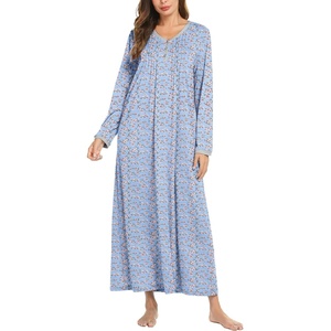 image:imageEkouaer Womens Long Sleeve Nightgown Full Length Sleepwear Long Sleepshirts Henley Sleep Dress  Print Floral Sleep Dress Long Nightgowns Ladies Lounge Dress Soft Floor Length Sleep Shirt Sleep Daily Wear HomeAablue Florals