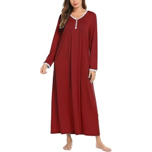 image:imageEkouaer Womens Long Sleeve Nightgown Full Length Sleepwear Long Sleepshirts Henley Sleep Dress  Print Floral Sleep Dress Long Nightgowns Ladies Lounge Dress Soft Floor Length Sleep Shirt Sleep Daily Wear HomeAawine Red