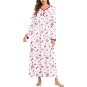 image:imageEkouaer Womens Long Sleeve Nightgown Full Length Sleepwear Long Sleepshirts Henley Sleep Dress  Print Floral Sleep Dress Long Nightgowns Ladies Lounge Dress Soft Floor Length Sleep Shirt Sleep Daily Wear HomeBig Pink Flower