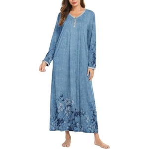 image:imageEkouaer Womens Long Sleeve Nightgown Full Length Sleepwear Long Sleepshirts Henley Sleep Dress  Print Floral Sleep Dress Long Nightgowns Ladies Lounge Dress Soft Floor Length Sleep Shirt Sleep Daily Wear HomeBlue Ink Flower