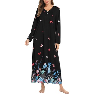 image:imageEkouaer Womens Long Sleeve Nightgown Full Length Sleepwear Long Sleepshirts Henley Sleep Dress  Print Floral Sleep Dress Long Nightgowns Ladies Lounge Dress Soft Floor Length Sleep Shirt Sleep Daily Wear HomeBlack Butterfly