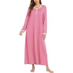 image:imageEkouaer Womens Long Sleeve Nightgown Full Length Sleepwear Long Sleepshirts Henley Sleep Dress  Print Floral Sleep Dress Long Nightgowns Ladies Lounge Dress Soft Floor Length Sleep Shirt Sleep Daily Wear HomePink