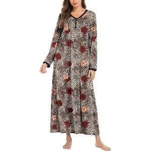 image:imageEkouaer Womens Long Sleeve Nightgown Full Length Sleepwear Long Sleepshirts Henley Sleep Dress  Print Floral Sleep Dress Long Nightgowns Ladies Lounge Dress Soft Floor Length Sleep Shirt Sleep Daily Wear HomeAbrown Leopard Print