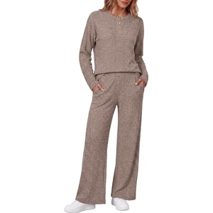 image:imageEkouaer Womens Pajama sets Long Sleeve Cozy 2 Piece Matching Lounge Set  Comfy nonitchy ribbed knit pjs henley neck drop shoulder loose fit elastic waist pants with pockets fall pjs great giftBrown