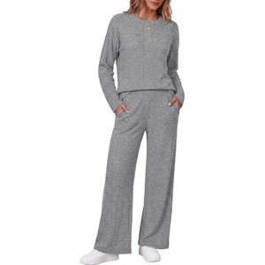 image:imageEkouaer Womens Pajama sets Long Sleeve Cozy 2 Piece Matching Lounge Set  Comfy nonitchy ribbed knit pjs henley neck drop shoulder loose fit elastic waist pants with pockets fall pjs great giftLight Heather Grey