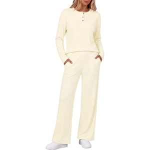 image:imageEkouaer Womens Pajama sets Long Sleeve Cozy 2 Piece Matching Lounge Set  Comfy nonitchy ribbed knit pjs henley neck drop shoulder loose fit elastic waist pants with pockets fall pjs great giftBeige