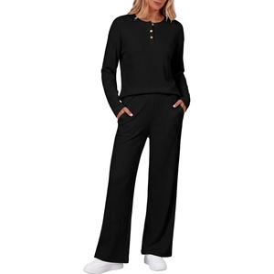 image:imageEkouaer Womens Pajama sets Long Sleeve Cozy 2 Piece Matching Lounge Set  Comfy nonitchy ribbed knit pjs henley neck drop shoulder loose fit elastic waist pants with pockets fall pjs great giftBlack