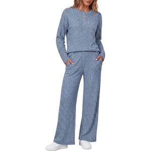 image:imageEkouaer Womens Pajama sets Long Sleeve Cozy 2 Piece Matching Lounge Set  Comfy nonitchy ribbed knit pjs henley neck drop shoulder loose fit elastic waist pants with pockets fall pjs great giftDusty Blue