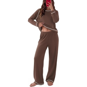 image:imageEkouaer Womens Pajamas Long Sleeve Pjs Soft Loungewear 2 Piece Lounge Sets  Loose Pants with PocketsComfy Fall Winter SleepwearBrown