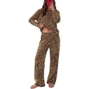 image:imageEkouaer Womens Pajamas Long Sleeve Pjs Soft Loungewear 2 Piece Lounge Sets  Loose Pants with PocketsComfy Fall Winter SleepwearLeopard