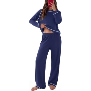 image:imageEkouaer Womens Pajamas Long Sleeve Pjs Soft Loungewear 2 Piece Lounge Sets  Loose Pants with PocketsComfy Fall Winter SleepwearNavy