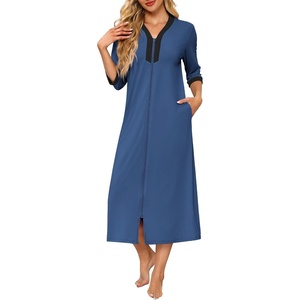 image:imageEkouaer Womens Zipper Robe 34 Sleeves Housecoat Full Length NightgownNavy