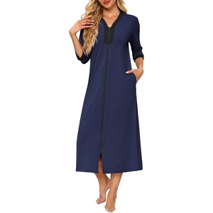 image:imageEkouaer Womens Zipper Robe 34 Sleeves Housecoat Full Length NightgownNavy Blue
