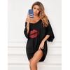 image:imageEkouaer Nightgowns for Women Deep V Neck Sleep Shirt Oversized Night Shirt  Short Sleeve Sleep Dress Plus Size Sleepwear Sexy Boyfriend Loungewear Ladies Soft Night Dress Home Daily Wear SeasideBlack Lipprint