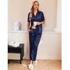 image:imageEkouaer Silk Pajamas for Womens Set 2 Piece Fall Pjs Button Down Sleepwear  Satin Soft Sleep Set Short Sleeve Tops Wide Leg Long Pants with Pockets Classic Lounge SetNavy Blue