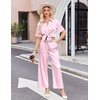 image:imageEkouaer Silk Pajamas for Womens Set 2 Piece Fall Pjs Button Down Sleepwear  Satin Soft Sleep Set Short Sleeve Tops Wide Leg Long Pants with Pockets Classic Lounge SetPink White Stripe