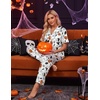 image:imageEkouaer Silk Pajamas for Womens Set 2 Piece Fall Pjs Button Down Sleepwear  Satin Soft Sleep Set Short Sleeve Tops Wide Leg Long Pants with Pockets Classic Lounge SetWhitehalloween