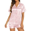 image:imageEkouaer Womens Pajamas Silk Satin Short Sleeve Button Down Pjs Shorts Set  Silky SoftNotch Collar2 Piece Set for SleepLoungeBridalBridesmaidVacationPostpartumTravelGiftLeopard Pink