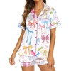 image:imageEkouaer Womens Pajamas Silk Satin Short Sleeve Button Down Pjs Shorts Set  Silky SoftNotch Collar2 Piece Set for SleepLoungeBridalBridesmaidVacationPostpartumTravelGiftBow White