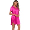 image:imageEkouaer Womens Satin Nightshirt Button Down Sleepshirt Silk Nightgown  Short Sleeve Night Gown Silky V Neck Sleepwear Night Shirts Plus Size Night Dress Casual Boyfriend Sleep Shirts S3XLRose Red