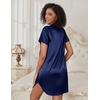 image:imageEkouaer Womens Satin Nightshirt Button Down Sleepshirt Silk Nightgown  Short Sleeve Night Gown Silky V Neck Sleepwear Night Shirts Plus Size Night Dress Casual Boyfriend Sleep Shirts S3XLNavy Blue