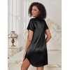 image:imageEkouaer Womens Satin Nightshirt Button Down Sleepshirt Silk Nightgown  Short Sleeve Night Gown Silky V Neck Sleepwear Night Shirts Plus Size Night Dress Casual Boyfriend Sleep Shirts S3XLBlack
