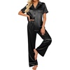 image:imageEkouaer Silk Pajamas for Womens Set 2 Piece Fall Pjs Button Down Sleepwear  Satin Soft Sleep Set Short Sleeve Tops Wide Leg Long Pants with Pockets Classic Lounge SetBlack
