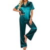 image:imageEkouaer Silk Pajamas for Womens Set 2 Piece Fall Pjs Button Down Sleepwear  Satin Soft Sleep Set Short Sleeve Tops Wide Leg Long Pants with Pockets Classic Lounge SetBlue Green