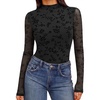 image:imageEkouaer Womens Mesh Long Sleeve Tops Fall Fashion Mock Neck Slim Fit Shirts  Mock Turtleneck Floral Pattern Sheer Tulle Night Out Clothes Stretchy See Though Outfits Sexy Thermal BlousesA Black Floral