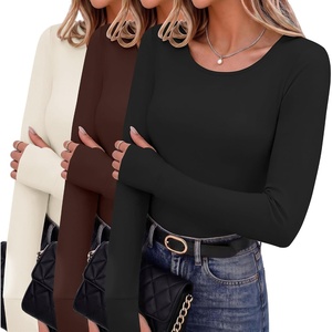 image:image3 Pack Thumb Hole Tops for Women Long Sleeve Basic Shirts Lightweight Tees  Round Neck Thermal Undershirts Slim Fit Underwear Tops Casual Fall Outfits Trendy Y2K TShirts Work amp Going Out TopsBlackBrownBeige