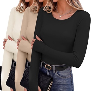 image:image3 Pack Thumb Hole Tops for Women Long Sleeve Basic Shirts Lightweight Tees  Round Neck Thermal Undershirts Slim Fit Underwear Tops Casual Fall Outfits Trendy Y2K TShirts Work amp Going Out TopsBlackKhakiBeige
