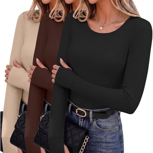 image:image3 Pack Thumb Hole Tops for Women Long Sleeve Basic Shirts Lightweight Tees  Round Neck Thermal Undershirts Slim Fit Underwear Tops Casual Fall Outfits Trendy Y2K TShirts Work amp Going Out TopsBlackKhakiBrown