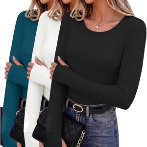 image:image3 Pack Thumb Hole Tops for Women Long Sleeve Basic Shirts Lightweight Tees  Round Neck Thermal Undershirts Slim Fit Underwear Tops Casual Fall Outfits Trendy Y2K TShirts Work amp Going Out TopsBlackWhiteDark Blue